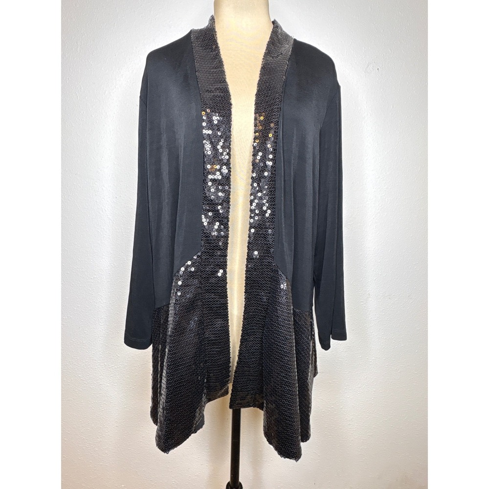 Slinky Brand Womens Cardigan Sequin Trim Open Front XL Black Glam Party Holiday